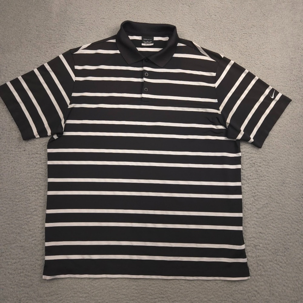 Nike Golf Polo Shirt Dri Fit Striped Stretch Mens XL Black White Short‎ Sleeve